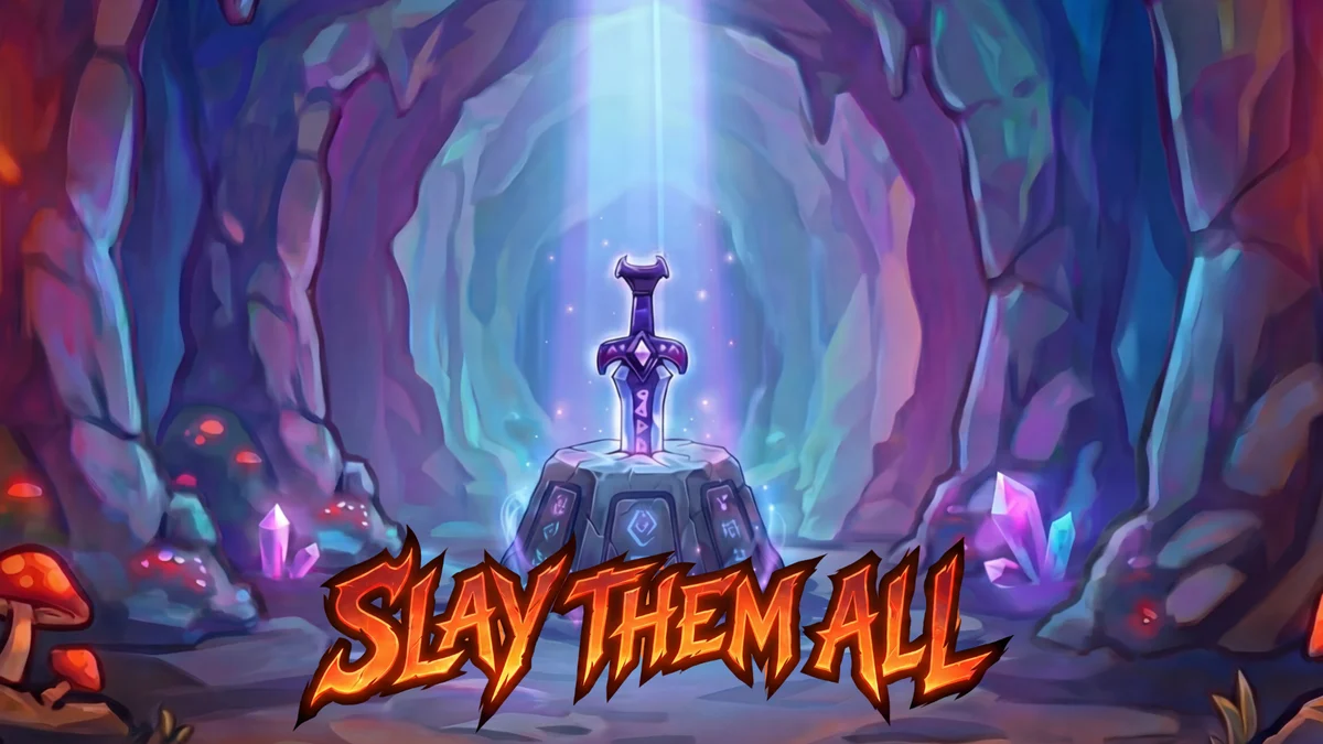 Slay Them All artwork: a glowing sword in a crystal cavern